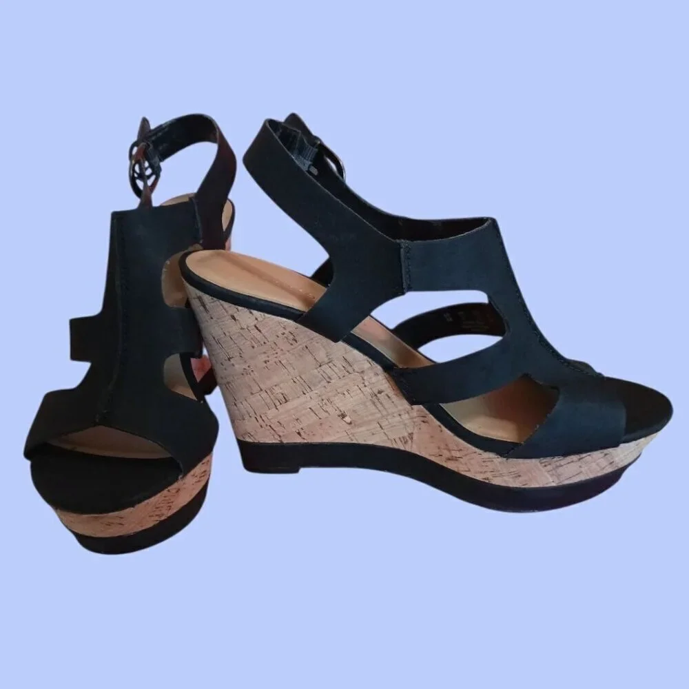 Franco Sarto Black Wedge Sandals Open Toe Cork Wedge Size 8M
